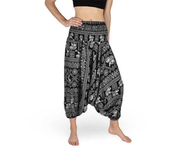 Harémové kalhoty aladin NATSU, sloni, černá, bez šňůrky