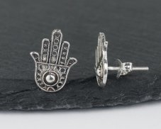 Stříbrné náušnice puzety - Hamsa