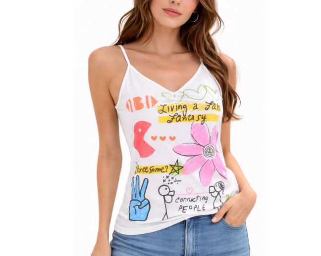 Dámské tílko, tenká ramínka, BE LOVED, květina, bílé