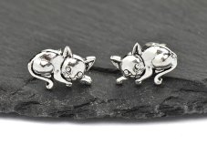 Stříbrné náušnice puzety - Kočka
