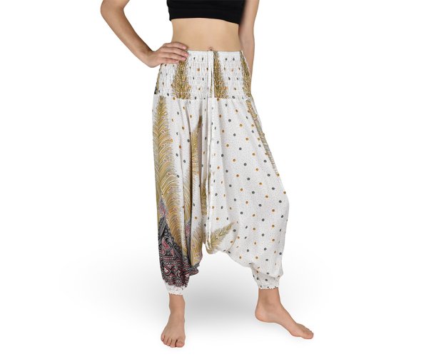 Harémové kalhoty aladin NATSU, paví věž multicolor, bílá, se šňůrkou, plamínky, II. jak