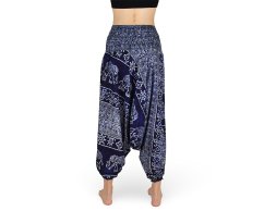 Harémové kalhoty aladin NATSU, sloni, kormidlo, modrá, se šňůrkou, ornament v pase