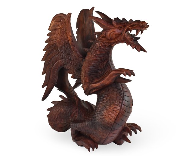 Dřevěná socha Drak 40 cm tmavá - pohled doprava