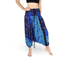 Harémové kalhoty aladin NATSU, trojzubec s květy, modro-fialová, se šňůrkou