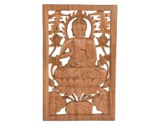 Závěsná dřevěná dekorace Buddha na lotosu - Vitarka mudra - jednobarevná - 25 x 40 cm