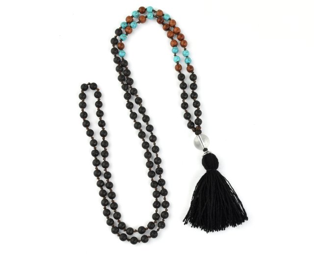 Asijský růženec lávový kámen s černým střapcem