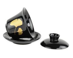 Porcelánový zhong/gaiwan Ginkgo, černý, zlatý list ginkgo, 160 ml