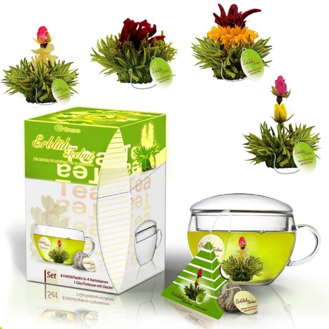 Dárkový set Creano Teelini Green Tea - skleněný šálek a 8 ks čaje