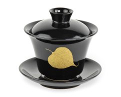 Porcelánový zhong/gaiwan Tilia, černý, zlatý list lípy, 160 ml