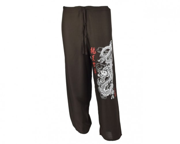Kalhoty Nippon dlouhé, bavlna, tmavě hnědé, drak