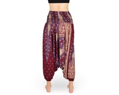 Harémové kalhoty aladin NATSU, paví věž multicolor, vínová, se šňůrkou, plamínky v pase