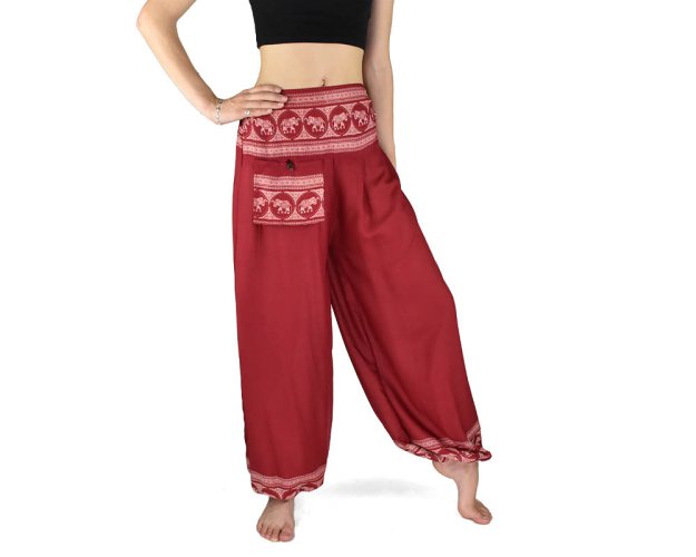 Kalhoty jóga MAHATI, červené, sloni v kolečku