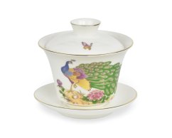 Porcelánový zhong/gaiwan Peacock, bílý, barevný páv, 160 ml - II. jakost
