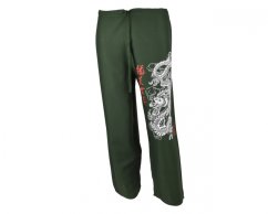 Kalhoty Nippon dlouhé, bavlna, tmavě zelené, drak