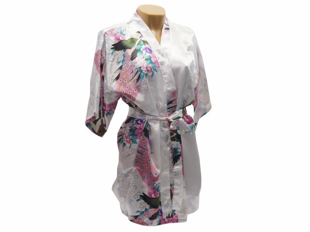 Dámský župánek HUAN, vzor páv s květy, bílá