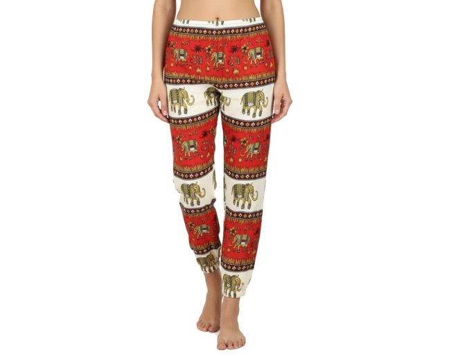 Kalhoty Joga WIN , bavlna, béžovo červené, hnědí sloni