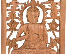 Závěsná dřevěná dekorace Buddha na lotosu - Vitarka mudra - jednobarevná - 25 x 40 cm