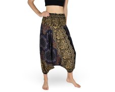 Harémové kalhoty aladin NATSU, trojzubec s květy, hořčično-růžová, bez šňůrky