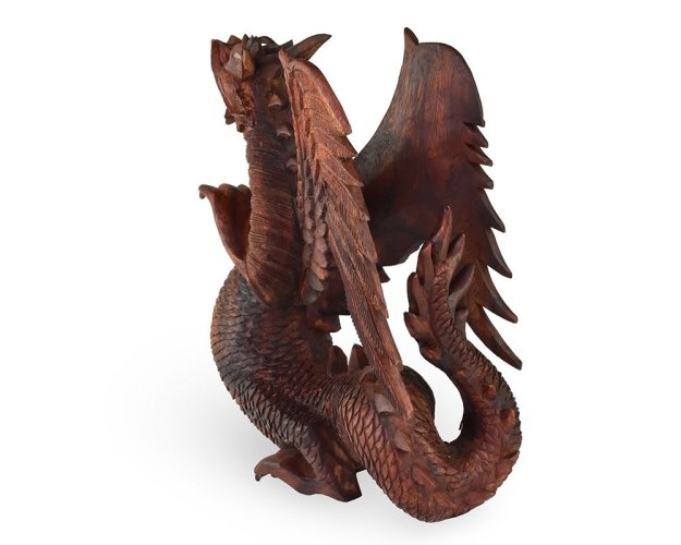 Dřevěná socha Drak 40 cm tmavá - pohled doleva