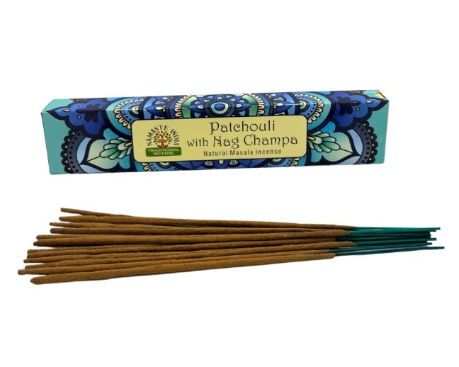 Indické vonné tyčinky Namaste India 15 g Patchouli a Nag Champa Indické vonné tyčinky Namaste India 15 g Patchouli a Nag Champa