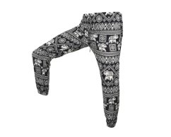 Kalhoty Joga WIN , bavlna, černé, béžoví sloni a ornamenty