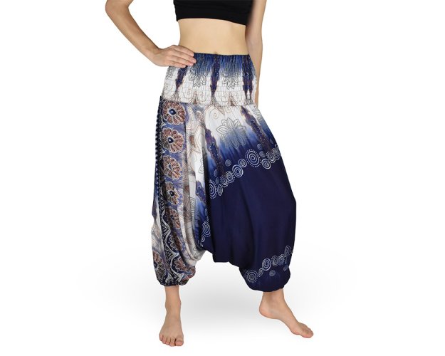 Harémové kalhoty aladin NATSU, květový ornament, modrá, bez šňůrky, světlý pas