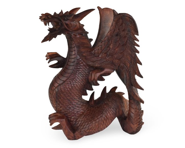 Dřevěná socha Drak 40 cm tmavá - pohled doprava