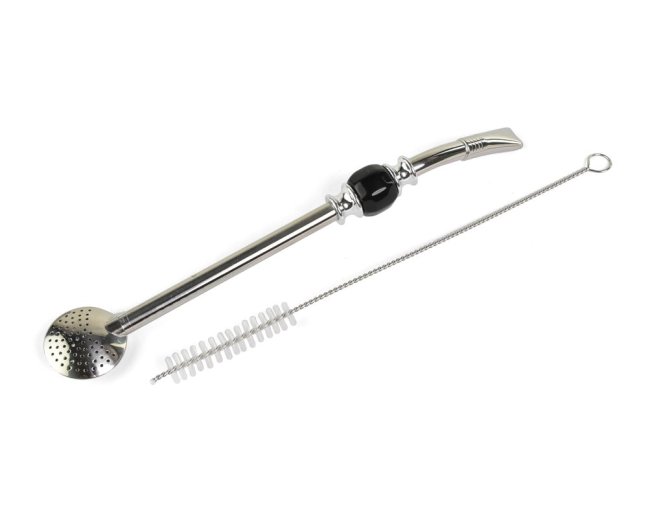 Bombilla SANTINO s kartáčkem, lomená, stříbrná, černý dekor, 21 cm