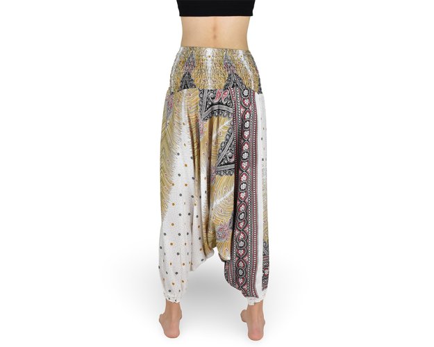 Harémové kalhoty aladin NATSU, paví věž multicolor, bílá, se šňůrkou, plamínky, II. jak