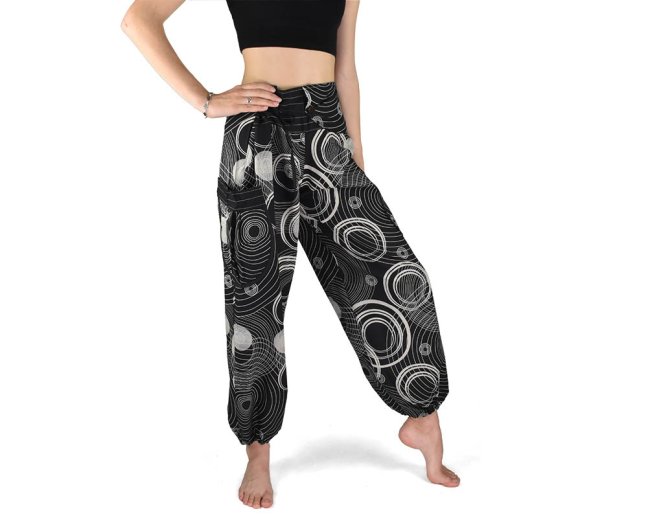 Kalhoty ARAN, černé,potisk "Kruhy", pasovka levá