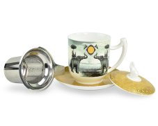 Porcelánový hrnek s podšálkem Sepia Elephant, zelený, zlatý dekor, 350 ml