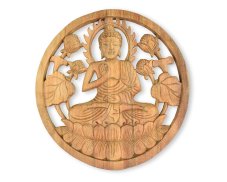 Závěsná dřevěná dekorace Buddha světlá - Vitarka Mudra - 30 cm