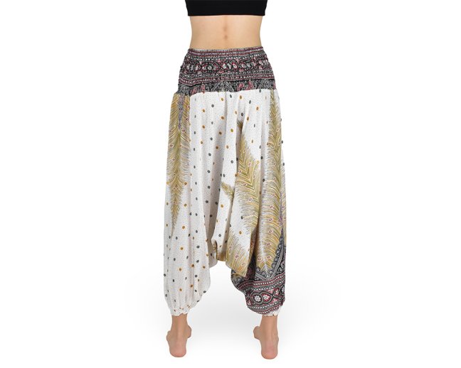Harémové kalhoty aladin NATSU, paví věž multicolor, bílá, se šňůrkou, tmavý pas, II. jak