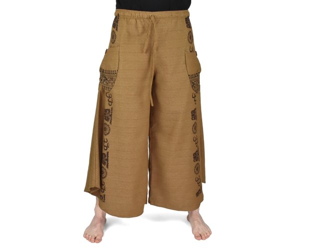 Kalhoty jóga LABHYA, světle hnědé, symboly