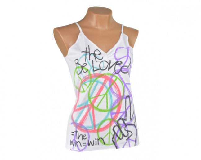 Dámské tílko, tenká ramínka, BE LOVED, barevný peace, bílé