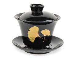 Porcelánový zhong/gaiwan Ginkgo, černý, zlatý list ginkgo, 160 ml