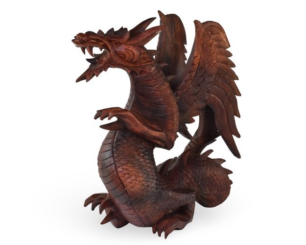 Dřevěná socha Drak 40 cm tmavá - pohled doleva