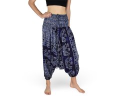 Harémové kalhoty aladin NATSU, sloni, kormidlo, modrá, se šňůrkou, ornament v pase