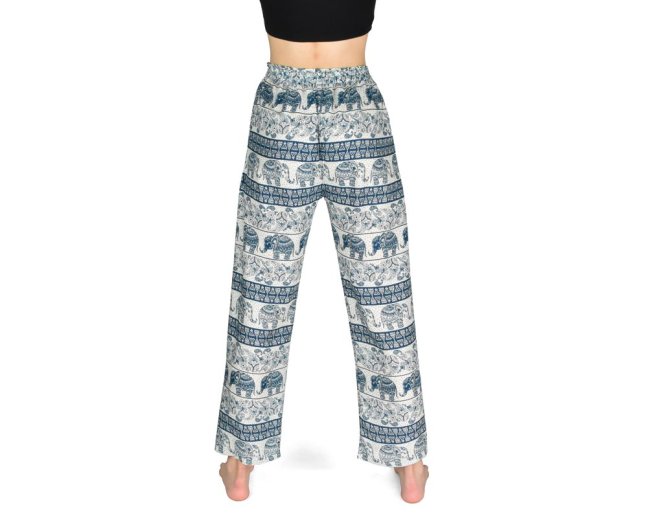 Kalhoty jóga CHANG, krémové, sloni, tyrkysový potisk - Velikost: S