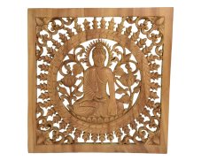 Závěsná dřevěná dekorace Buddha - Bhumisparsa mudra - jednobarevná - 40 x 40 cm
