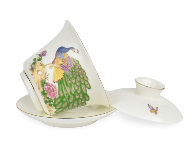 Porcelánový zhong/gaiwan Peacock, bílý, barevný páv, 160 ml