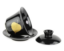 Porcelánový zhong/gaiwan Tilia, černý, zlatý list lípy, 160 ml