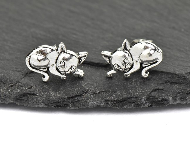 Stříbrné náušnice puzety - Kočka