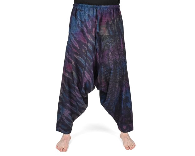 Harémové kalhoty aladin DYAMI, fialovomodrá batika, symboly
