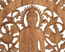 Závěsná dřevěná dekorace Buddha - Bhumisparsa mudra - jednobarevná - 40 x 40 cm