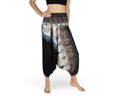 Harémové kalhoty aladin NATSU, sloni s květy, černá, bez šňůrky, květy v pase