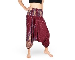 Harémové kalhoty aladin NATSU, paví věž multicolor, vínová, se šňůrkou, plamínky v pase