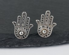 Stříbrné náušnice puzety - Hamsa