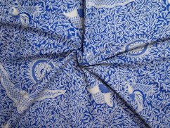 Látka FANNY z Bali, modrá, bílý potisk, květy - listy
