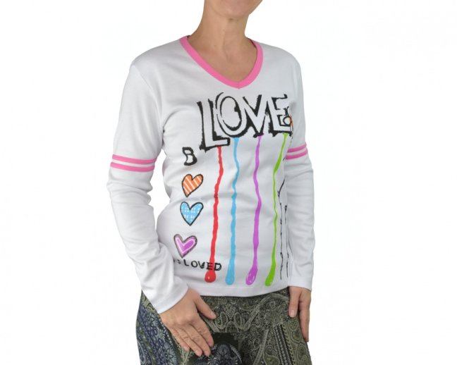 Dámské triko s dlouhým rukávem BE LOVED, růžovo-bílé